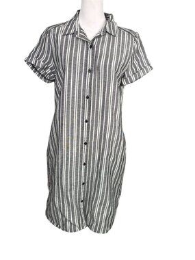 Banana Republic 6 Linen Cotton Shirt Dress Short Sleeve Grey White Stripe Shift